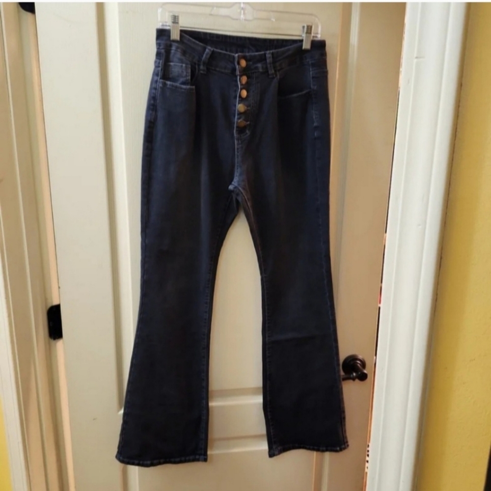 Heritage Falmer Black Exposed Button-Fly Flare Jeans